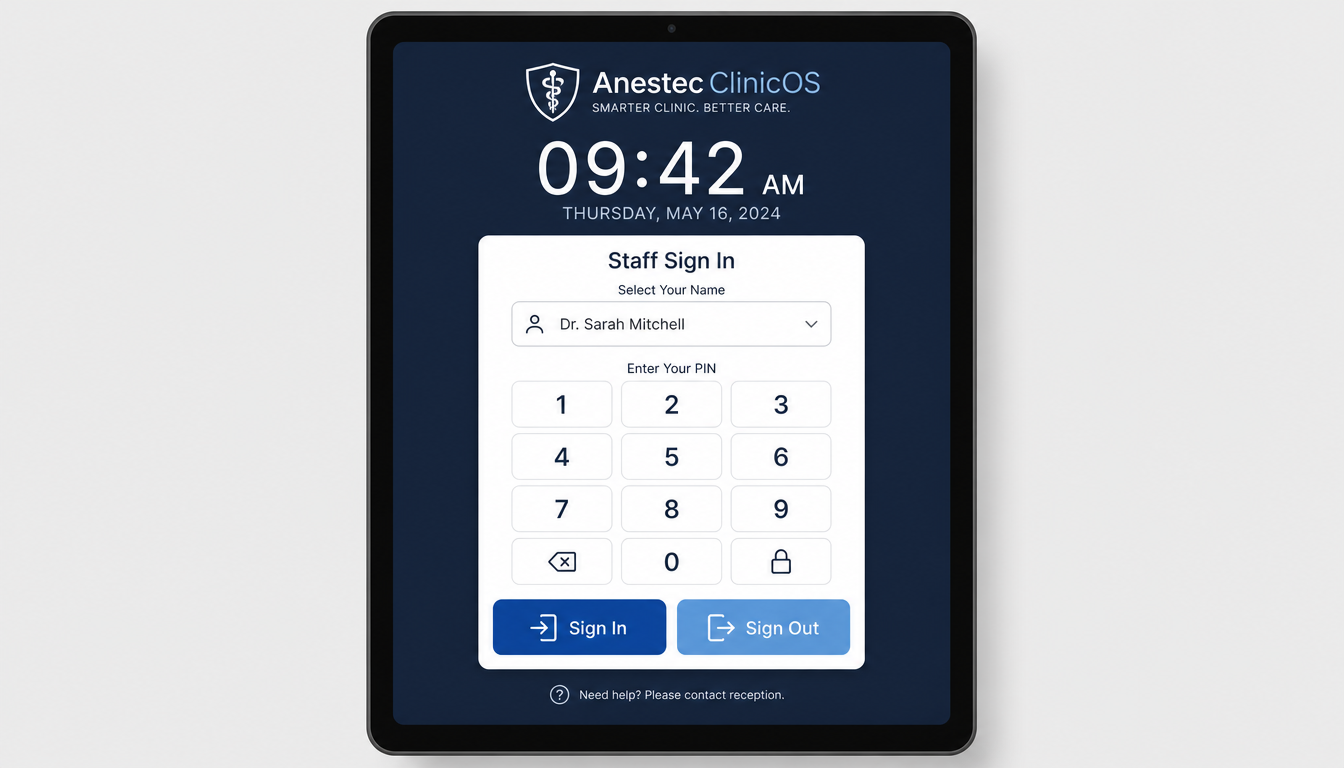 Anestec ClinicOS tablet sign-in kiosk with a PIN pad and Sign In / Sign Out buttons.